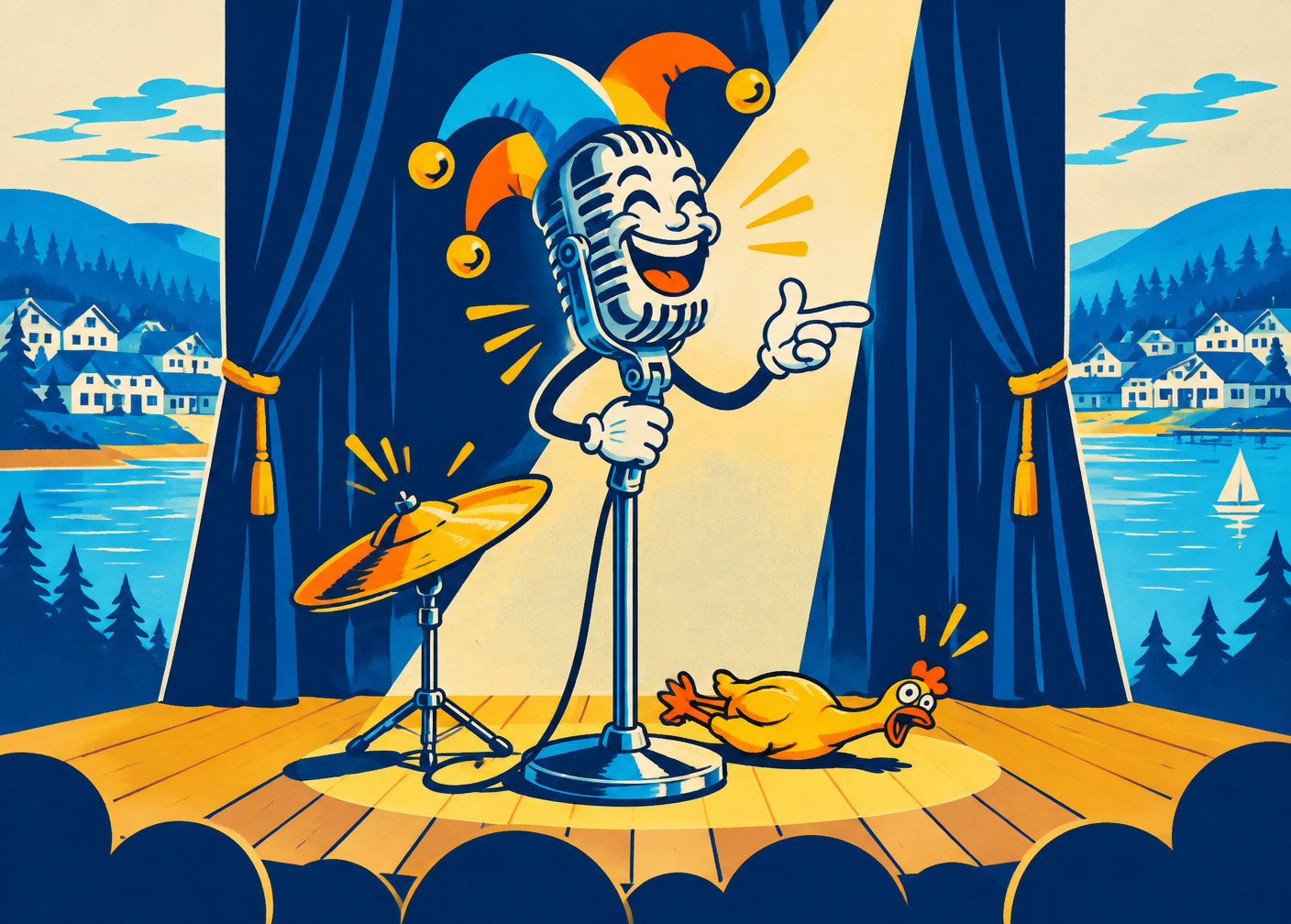 A jester-hatted vintage microphone doing stand-up on stage