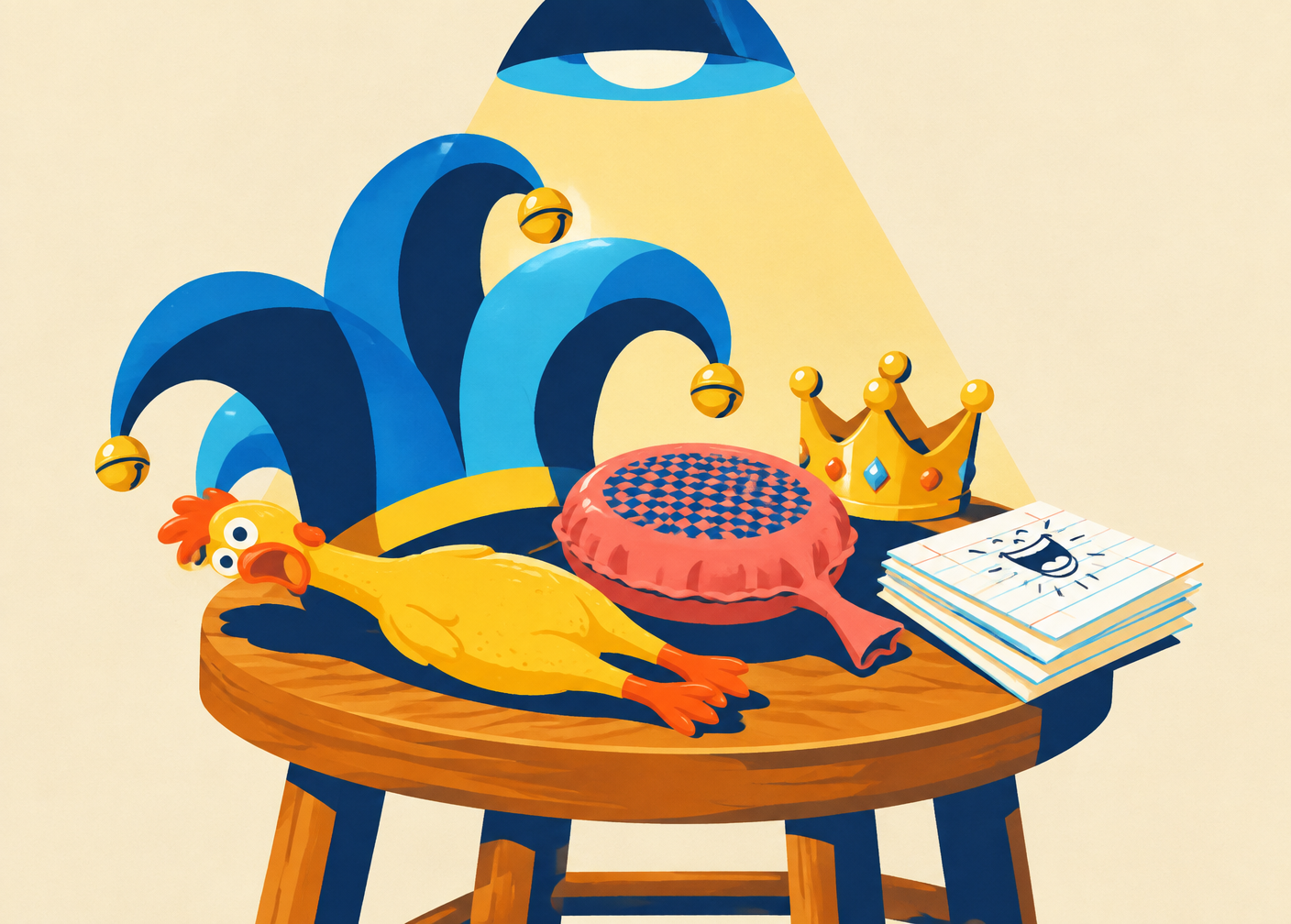 Comedy props on a stool — jester hat, crown, rubber chicken and joke cards