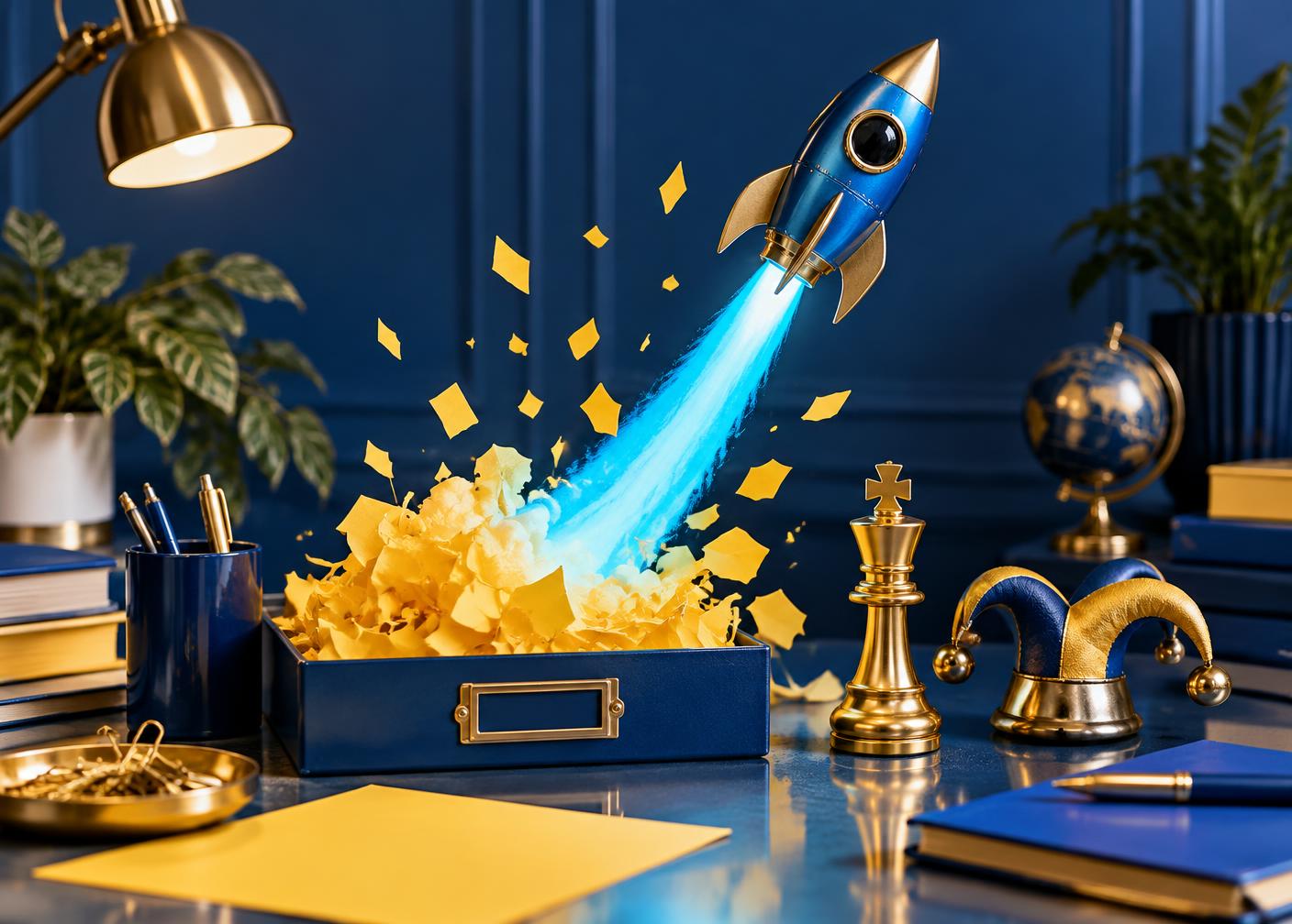 A blue rocket launching beside a chess king and jester hat