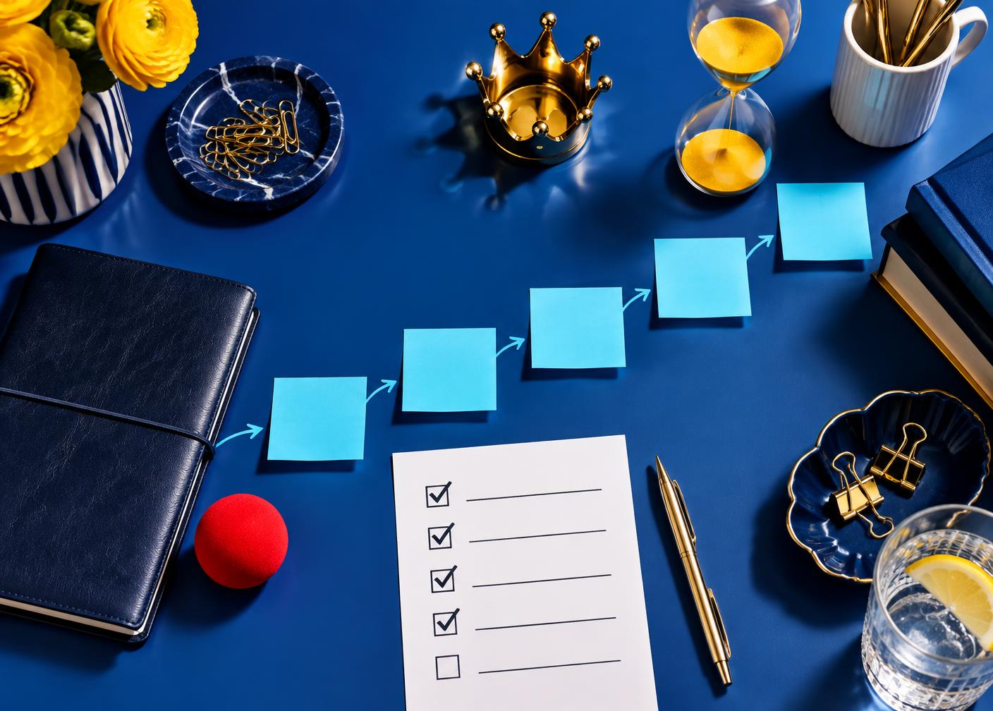 A playful focus command center with a crown, checklist, and clown nose